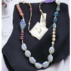 Soal Very Unique Beachy Tropical Blue Purple White & Silver Long Beaded Necklace